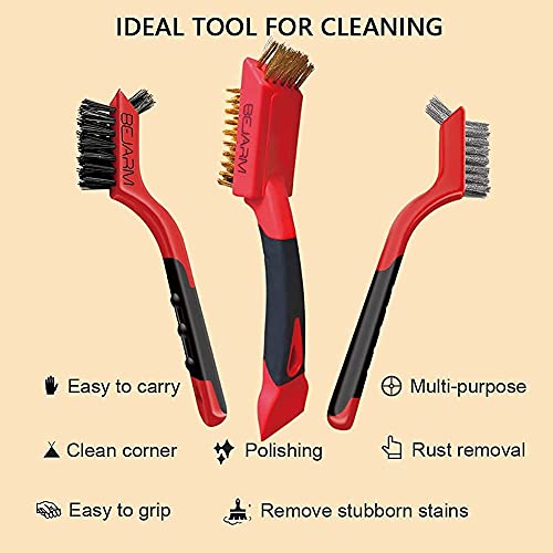 3PCS Small Wire Brushes Set for Cleaning, Include Steel/Nylon/Copper Bristles,Multi-Purpose Brass Brush with Plastic Scraper for Remove Rust Stains,Polished