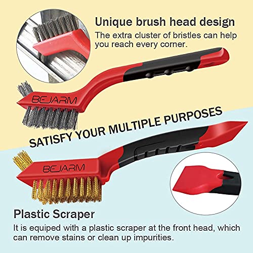 3PCS Small Wire Brushes Set for Cleaning, Include Steel/Nylon/Copper Bristles,Multi-Purpose Brass Brush with Plastic Scraper for Remove Rust Stains,Polished