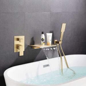jiayoujia waterfall spout wall mounted tub faucet with handheld shower modern single handle tub filler solid brass in brushed gold(brushed gold)