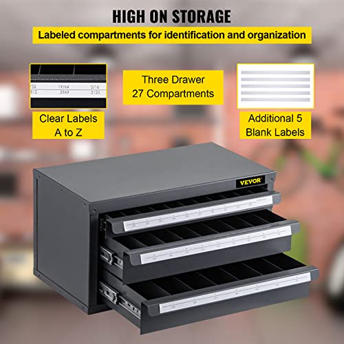 VEVOR Drill Bit Dispenser Cabinet, Three-Drawer Drill Bit Dispenser, Drill Bit Organizer Cabinet Cold Rolled Steel, 27-Compartment Drill Dispenser Organizer Cabinet Holder for Letter Sizes A to Z