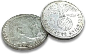 authentic ww2 memorabilia world currency - one nazi coin of 5 german marks issued from 1936 to 1939 from the world war 2 - third reich