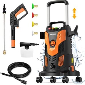 rock&rocker upgraded 1750psi pressure washer, 2.5gpm portable electric power washer with 360° spinner wheels, 4 quick connect nozzles foam cannon for car/patio/deck/home cleaning