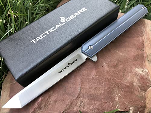 TACTICAL GEARZ Premium Titanium EDC Pocket Knife! Solid Tc4 Titanium Handle! D2 Steel Tanto Blade! Includes Sheath! (Seren Midnight Blue)