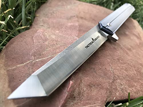 TACTICAL GEARZ Premium Titanium EDC Pocket Knife! Solid Tc4 Titanium Handle! D2 Steel Tanto Blade! Includes Sheath! (Seren Midnight Blue)