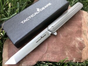 tactical gearz premium titanium edc pocket knife! solid tc4 titanium handle! d2 steel tanto blade! includes sheath! seren (platinum)