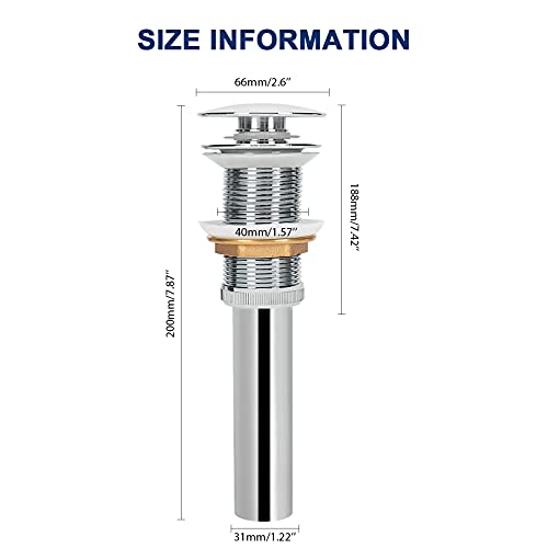 NearMoon Bathroom Pop up Drain, Brass Sink Drain Strainer for Bathroom Assembly Stopper Vessel Sink, Anti-Clogging (Without Overflow, Chrome Finish)