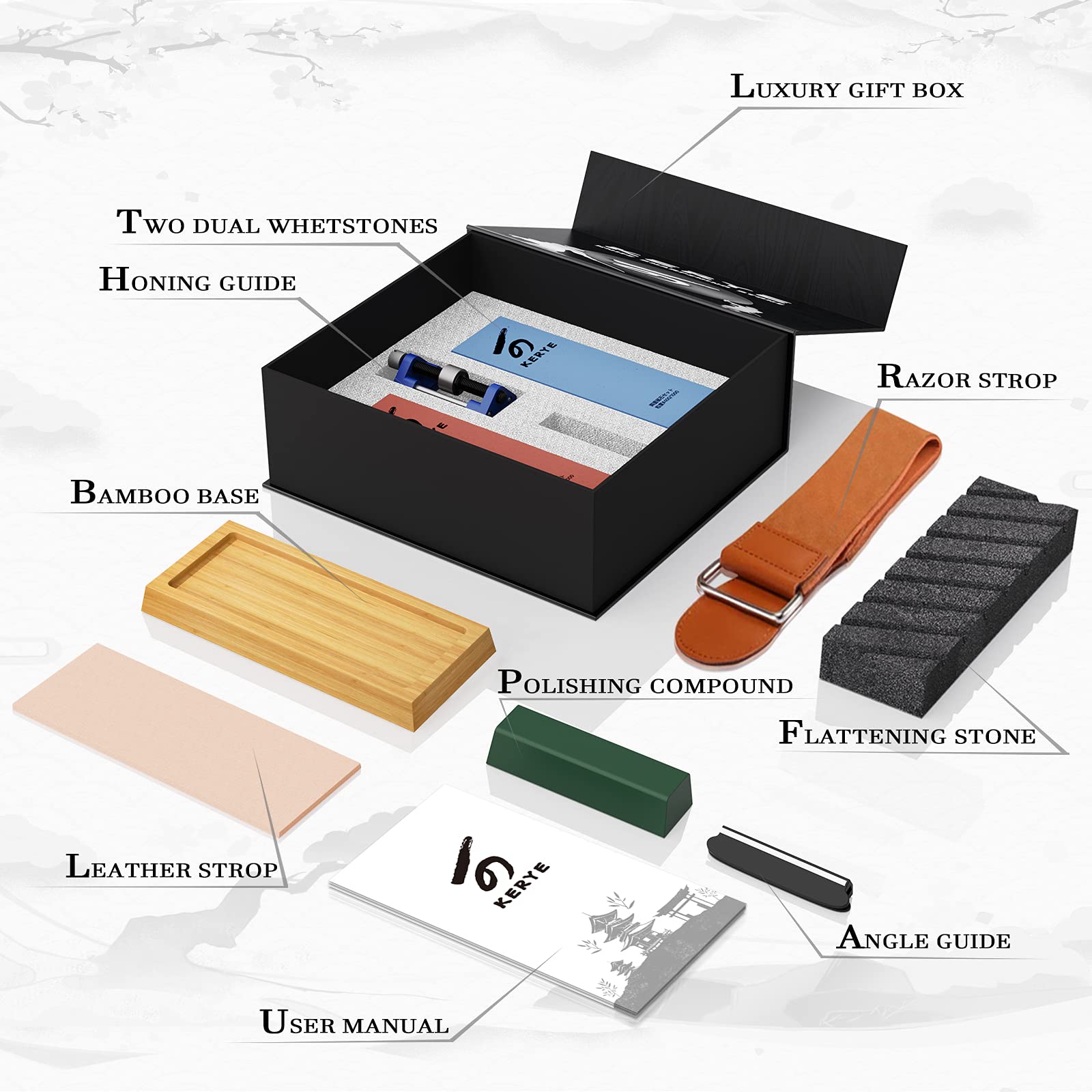 KERYE Japanese Whetstone Sharpener Set - 400/1000 3000/8000 Grit Water Stones, Flattening Stone, Honing Guide, Cut Resistant Gloves