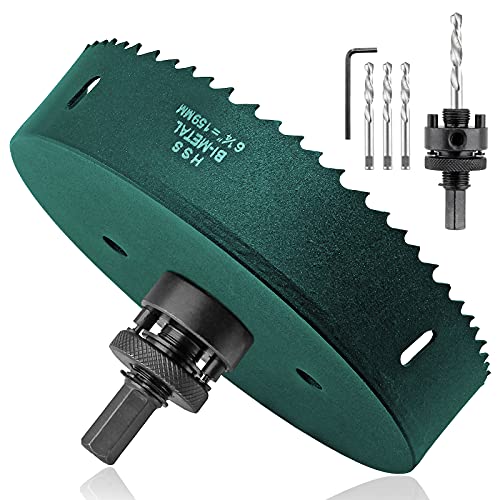 Rierdge 6-1/4 Inch Hole Saw with Heavy Duty Arbor, 159 mm Hole Saw HSS Bi-Metal Saw Drilling Tool, 6.25 Inch Hole Cutter for Cornhole Wood Plasterboard Plywood Plastic (Matte Green)