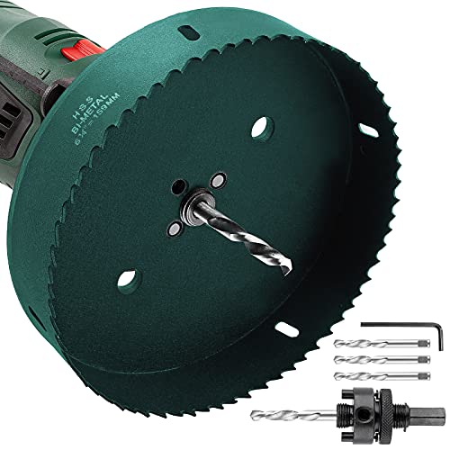 Rierdge 6-1/4 Inch Hole Saw with Heavy Duty Arbor, 159 mm Hole Saw HSS Bi-Metal Saw Drilling Tool, 6.25 Inch Hole Cutter for Cornhole Wood Plasterboard Plywood Plastic (Matte Green)