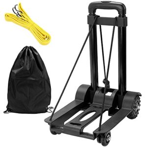 HEIHAK 99 lbs 4 Wheel Folding Luggage Cart, Portable Utility Cart with Bungee Cord and Storage Pouch, Collapsible Lightweight Folding Hand Truck for Luggage, Travel, Shopping, Moving, Office, Black