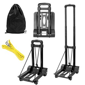 heihak 99 lbs 4 wheel folding luggage cart, portable utility cart with bungee cord and storage pouch, collapsible lightweight folding hand truck for luggage, travel, shopping, moving, office, black