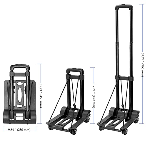 HEIHAK 99 lbs 4 Wheel Folding Luggage Cart, Portable Utility Cart with Bungee Cord and Storage Pouch, Collapsible Lightweight Folding Hand Truck for Luggage, Travel, Shopping, Moving, Office, Black