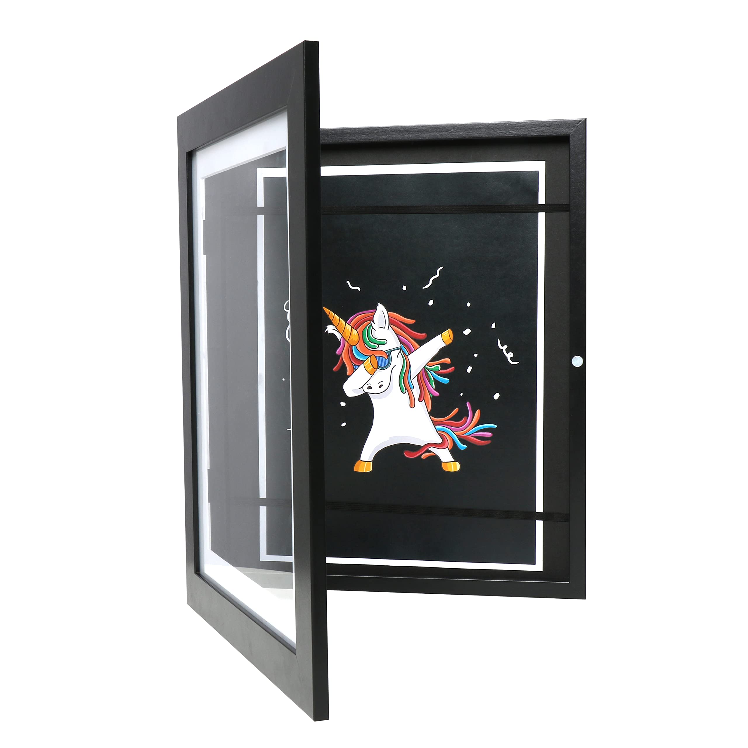 FrameWorks 10” x 12.5” Black Wooden Kid Art Frame with Gallery Style Edges, Tempered Glass, and Elastic Straps