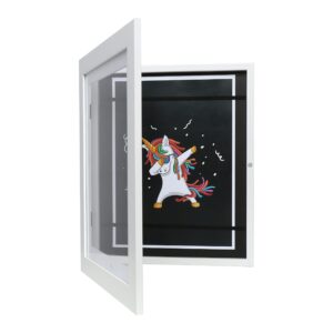 frameworks 10” x 12.5” white wooden kid art frame with gallery style edges, tempered glass, and elastic straps