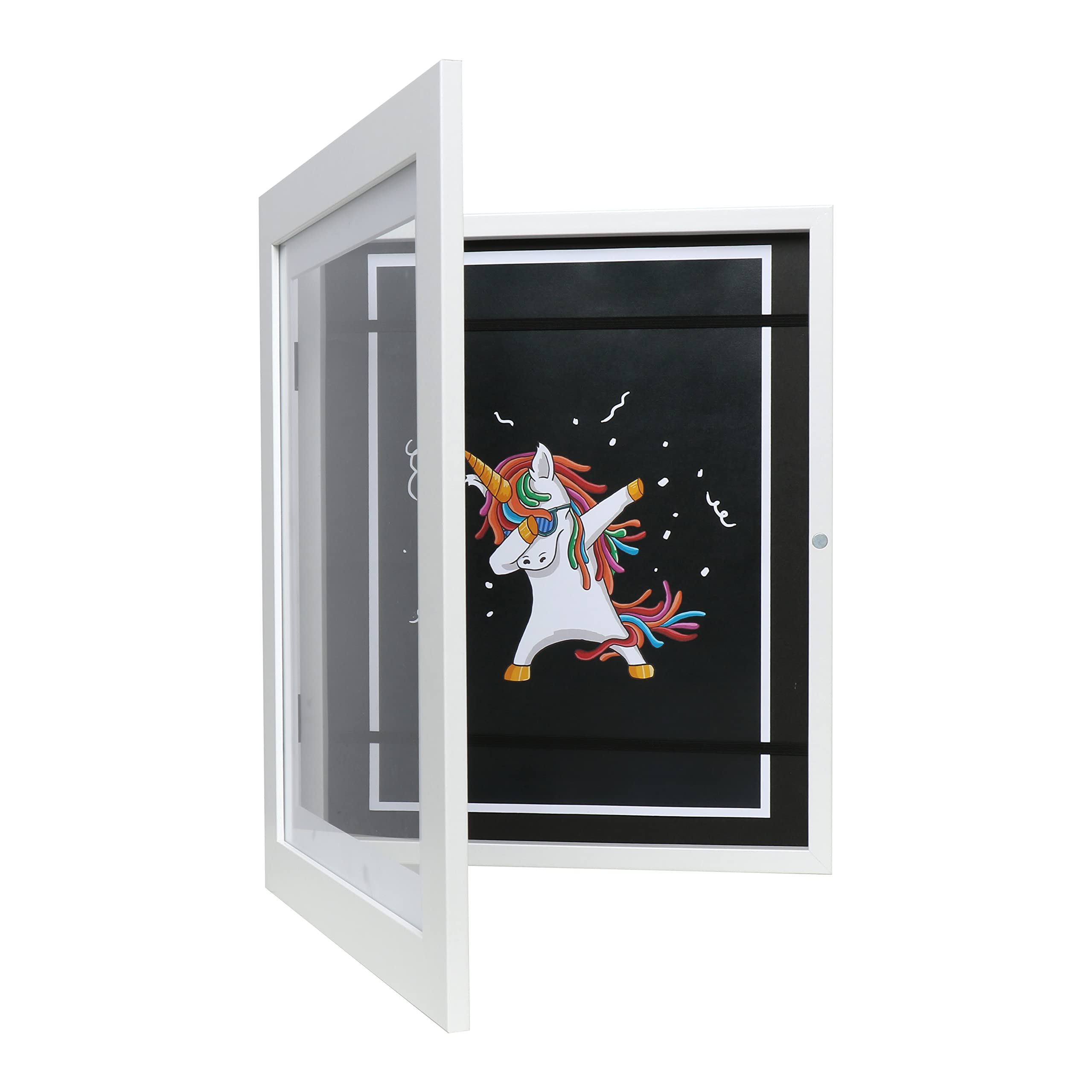 FrameWorks 10” x 12.5” White Wooden Kid Art Frame with Gallery Style Edges, Tempered Glass, and Elastic Straps