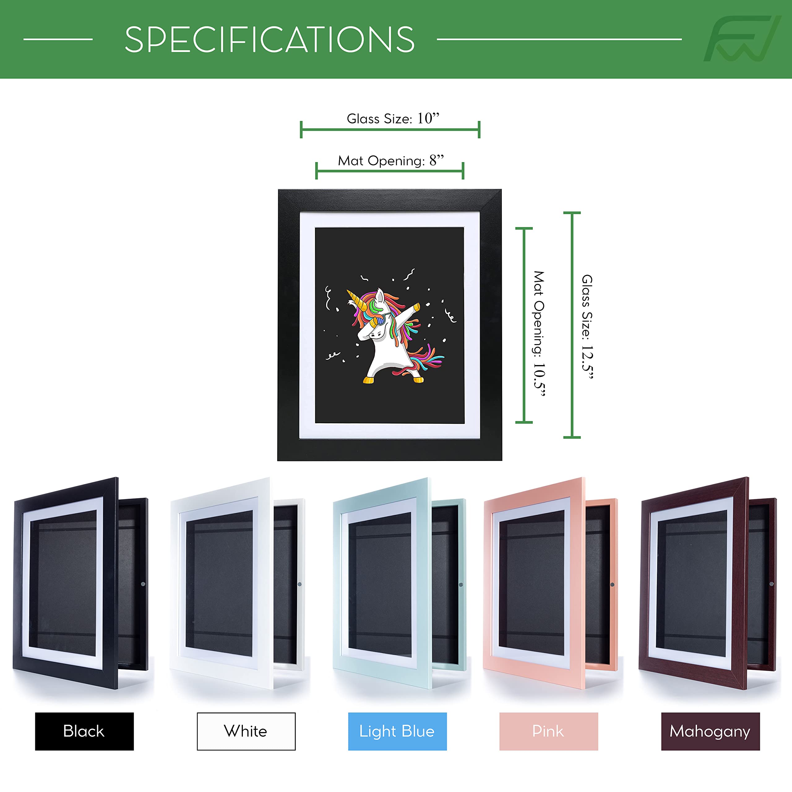 FrameWorks 10” x 12.5” White Wooden Kid Art Frame with Gallery Style Edges, Tempered Glass, and Elastic Straps