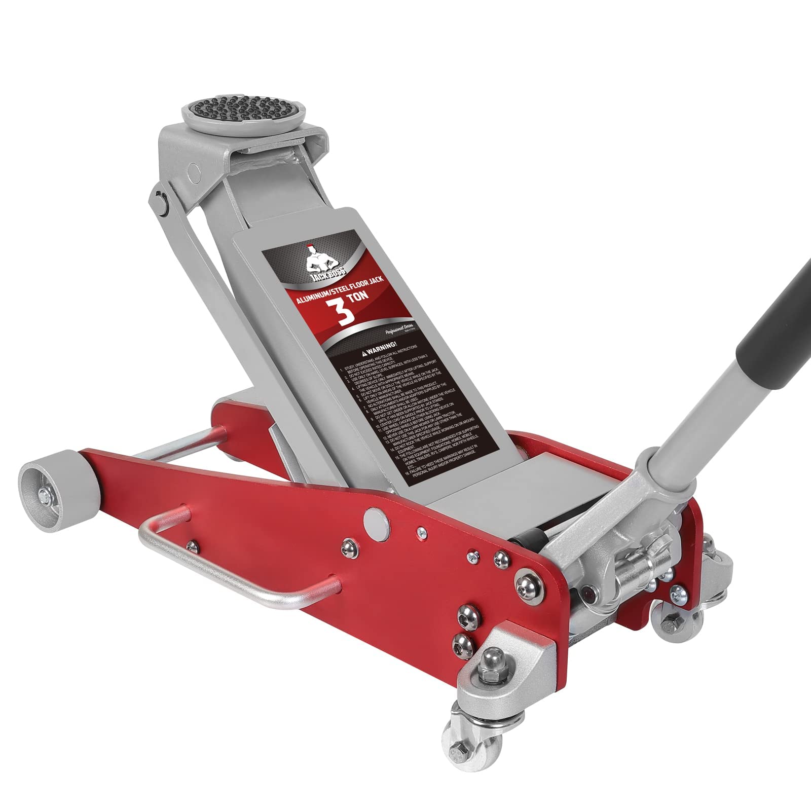 Jack Boss Aluminum and Steel Car Jack, 3 Ton (6,600 LBs) Hydraulic Floor Jack with Dual Piston Quick Lift Pump, Lifting Range 3-15/16" min to 18-5/16" max, Red