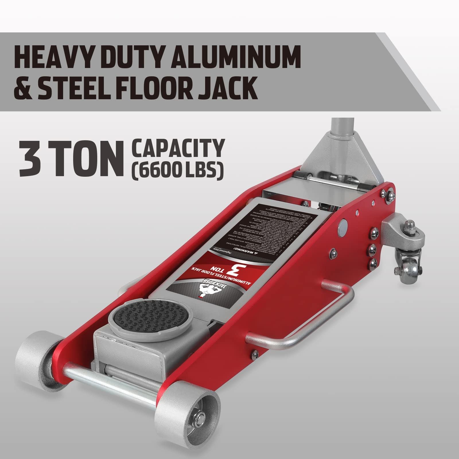 Jack Boss Aluminum and Steel Car Jack, 3 Ton (6,600 LBs) Hydraulic Floor Jack with Dual Piston Quick Lift Pump, Lifting Range 3-15/16" min to 18-5/16" max, Red