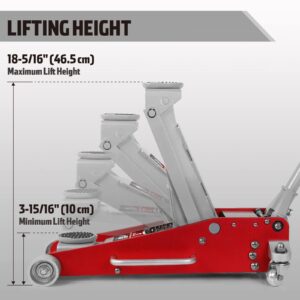 Jack Boss Aluminum and Steel Car Jack, 3 Ton (6,600 LBs) Hydraulic Floor Jack with Dual Piston Quick Lift Pump, Lifting Range 3-15/16" min to 18-5/16" max, Red