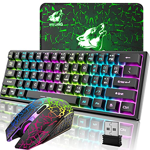 Wireless Gaming Keyboard and Mouse Combo,61 Key Rainbow Backlit Keyboard with Rechargeable 4000mAh,Mechanical Feel,Ergonomic,Quiet,RGB Mute Mice and Mousepad for PS4,Xbox One,Desktop,PC