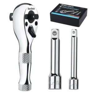 duratech stubby ratchet set, 3/8" & 1/4” dual head ratchet wrench with 2 extension bars, 3-piece, chrome plated finish
