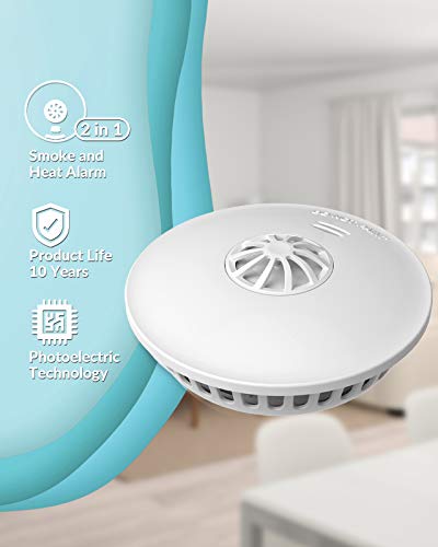 Ecoey Fire Alarms Smoke Detectors, 10-Year Smoke and Heat Detector with Built-in Battery for Home Bedroom and Kitchen, Smoke Detector and Heat Alarm with Easy Install and Test Button, FJ192,1 Pack