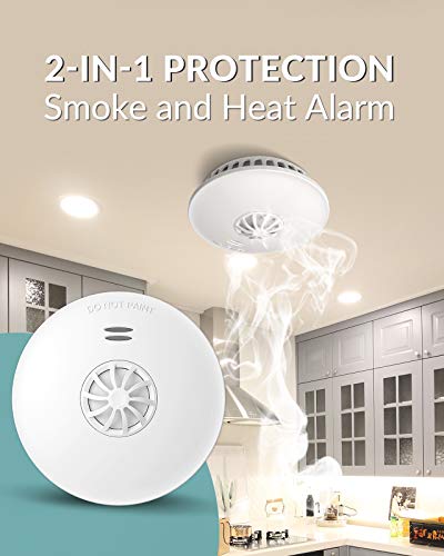 Ecoey Fire Alarms Smoke Detectors, 10-Year Smoke and Heat Detector with Built-in Battery for Home Bedroom and Kitchen, Smoke Detector and Heat Alarm with Easy Install and Test Button, FJ192,1 Pack