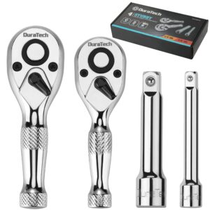 duratech stubby ratchet set, 1/4-inch and 3/8-inch ratchets with 2 extension bars, 4-piece, 72-t reversible quick-release head, chrome plated finish and full polish