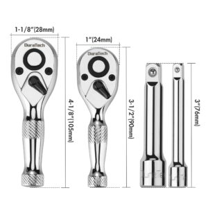 DURATECH Stubby Ratchet Set, 1/4-Inch and 3/8-Inch Ratchets with 2 Extension Bars, 4-piece, 72-T Reversible Quick-Release Head, Chrome Plated Finish and Full Polish