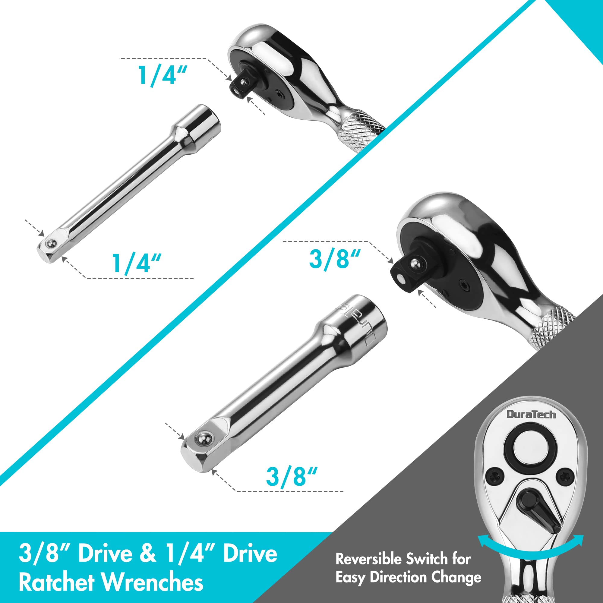 DURATECH Stubby Ratchet Set, 1/4-Inch and 3/8-Inch Ratchets with 2 Extension Bars, 4-piece, 72-T Reversible Quick-Release Head, Chrome Plated Finish and Full Polish