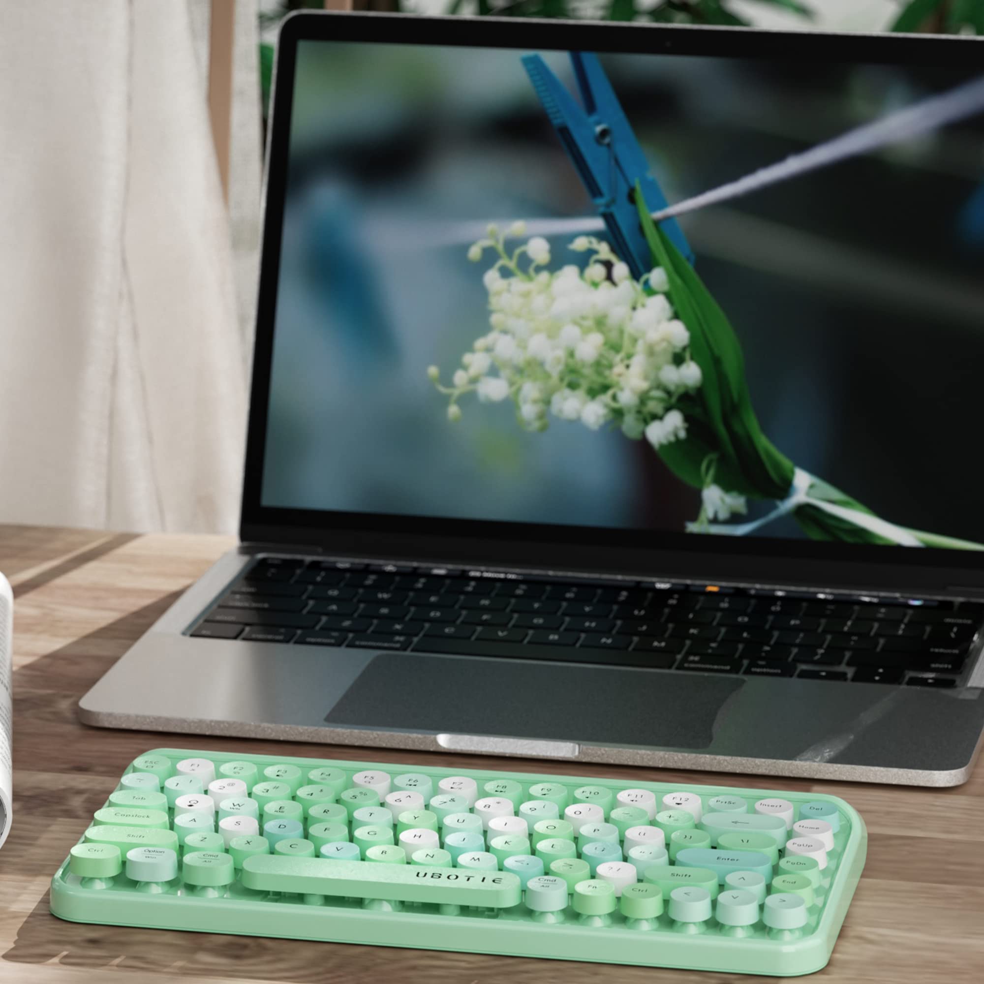 UBOTIE Portable Bluetooth Colorful Computer Keyboards, Wireless Mini Compact Retro Typewriter Flexible 84Keys Design Keyboard (Green-Colorful)