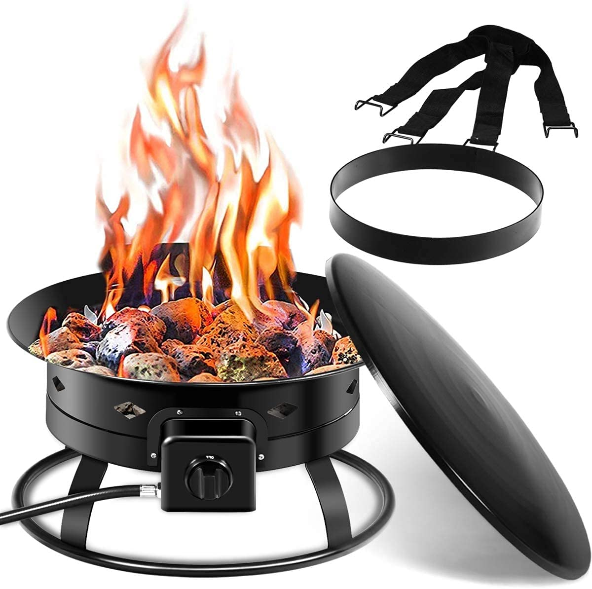 ReunionG 58,000 BTU Portable Propane Outdoor Fire Pit, w/ Cover & Carry Kit, CSA Certification, , Lava Rocks & 10 FT Hose, Durable Gas Fire Bowl for Outdoor Heating, Camping and Party, black