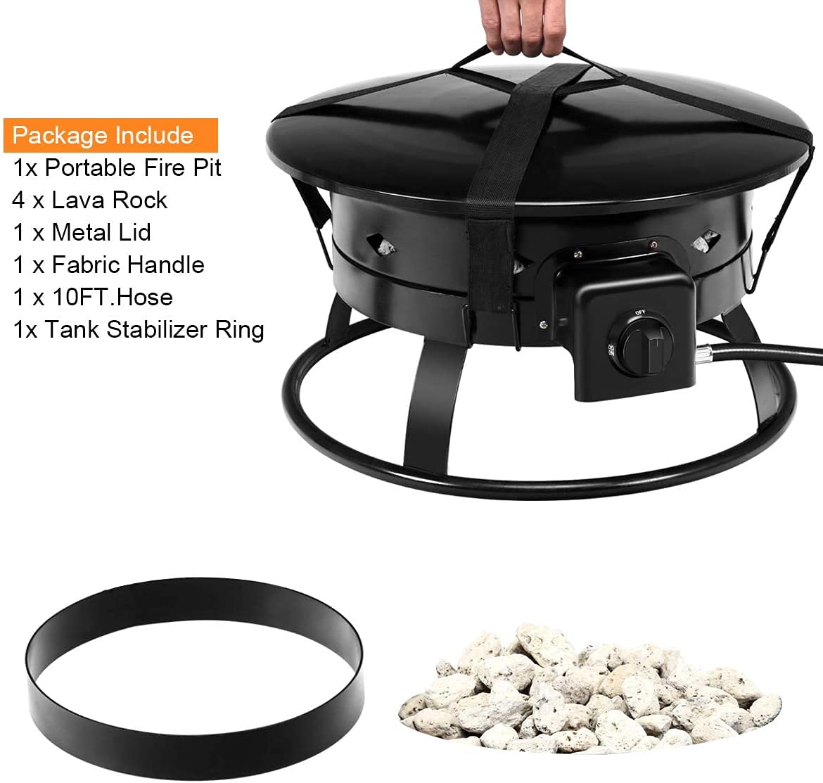 ReunionG 58,000 BTU Portable Propane Outdoor Fire Pit, w/ Cover & Carry Kit, CSA Certification, , Lava Rocks & 10 FT Hose, Durable Gas Fire Bowl for Outdoor Heating, Camping and Party, black