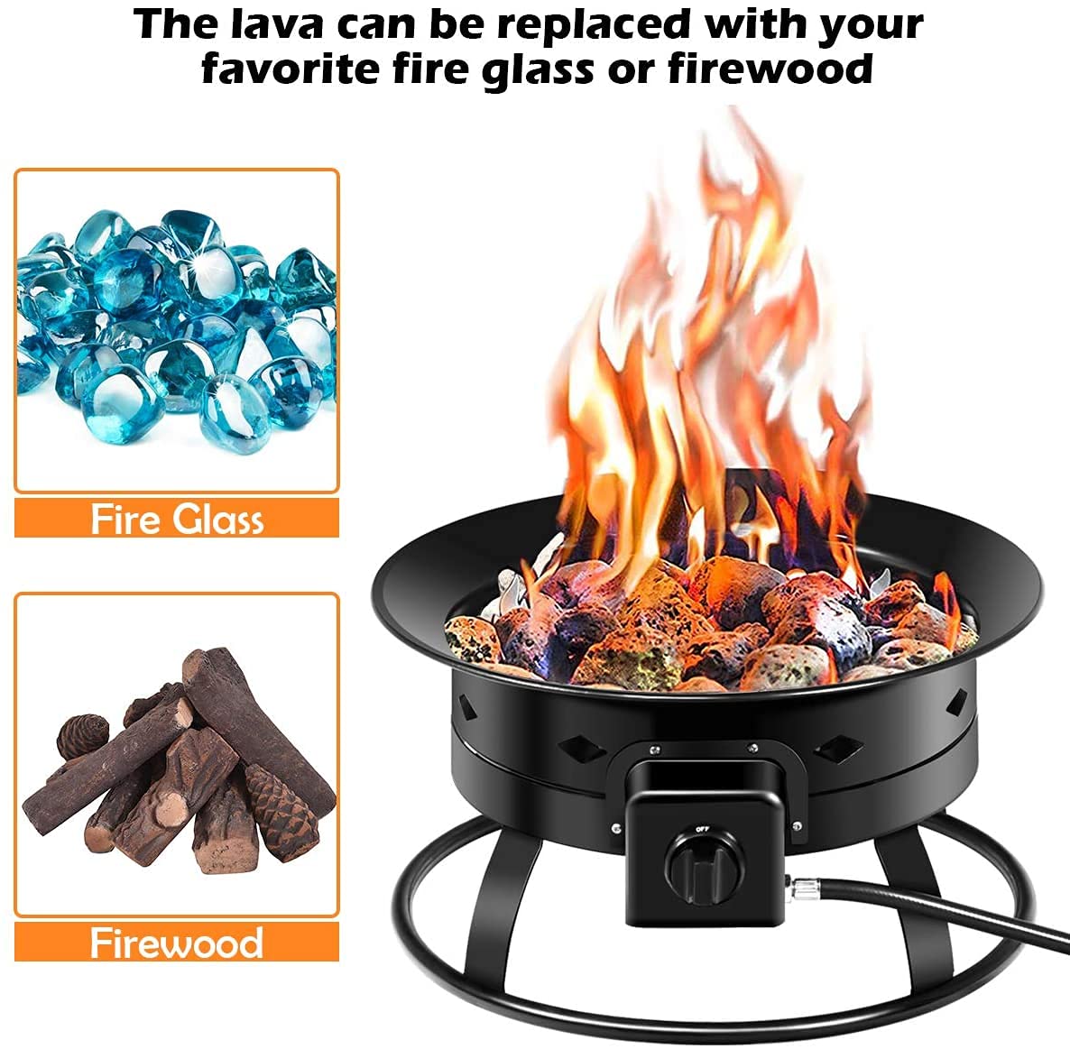 ReunionG 58,000 BTU Portable Propane Outdoor Fire Pit, w/ Cover & Carry Kit, CSA Certification, , Lava Rocks & 10 FT Hose, Durable Gas Fire Bowl for Outdoor Heating, Camping and Party, black