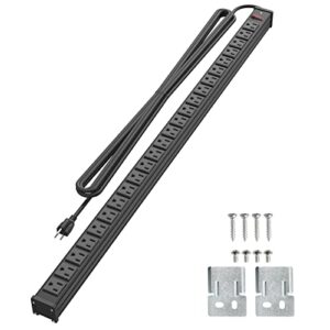 24 outlet metal power strip, extra long heavy duty power strip with 10ft extension cord, mountable power strip for warehouse garage workench, etl listed, black