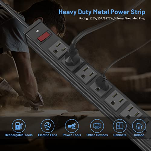 24 Outlet Metal Power Strip, Extra Long Heavy Duty Power Strip with 10FT Extension Cord, Mountable Power Strip for Warehouse Garage Workench, ETL Listed, Black