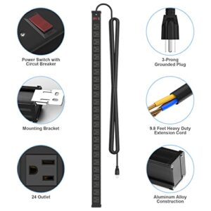 24 Outlet Metal Power Strip, Extra Long Heavy Duty Power Strip with 10FT Extension Cord, Mountable Power Strip for Warehouse Garage Workench, ETL Listed, Black