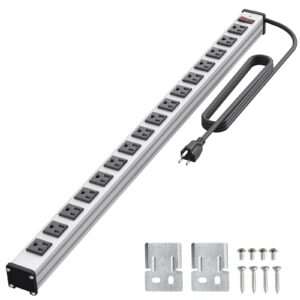 16 outlet power strip, heavy duty metal power strip with 10ft extension cord, wall mount power strip for garage workshop warehouse factory, etl certified, silver