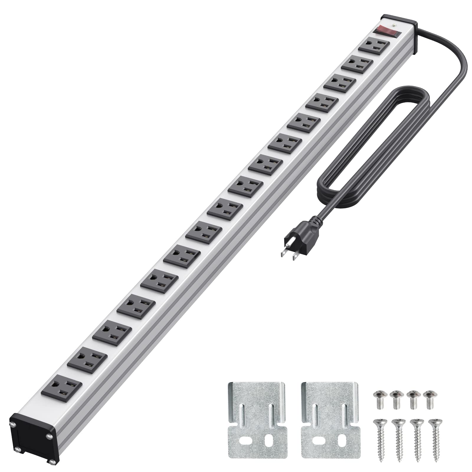 16 Outlet Power Strip, Heavy Duty Metal Power Strip with 10FT Extension Cord, Wall Mount Power Strip for Garage Workshop Warehouse Factory, ETL Certified, Silver