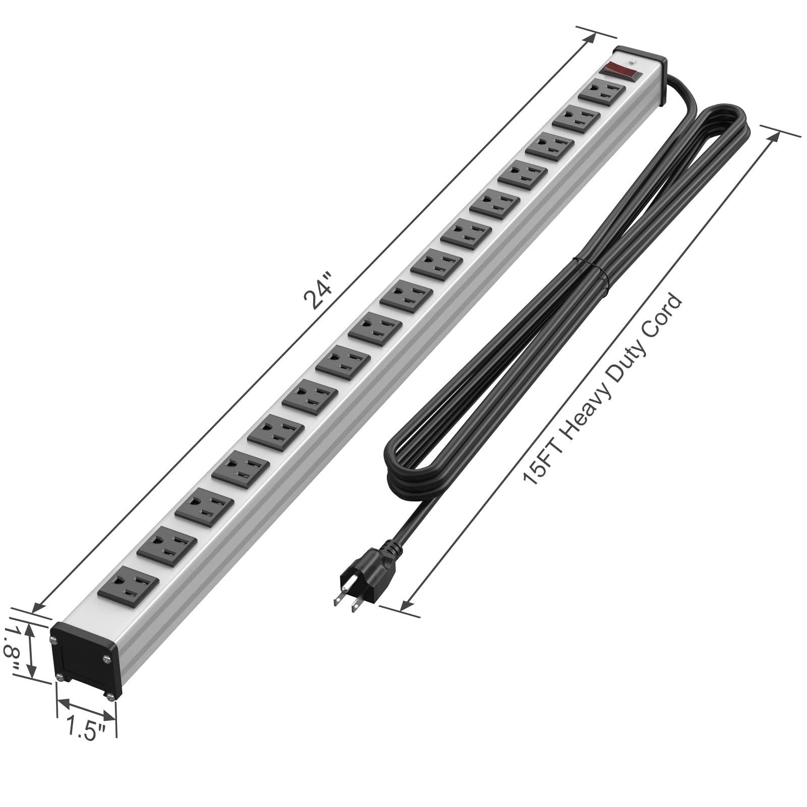 16 Outlet Power Strip, Heavy Duty Metal Power Strip with 10FT Extension Cord, Wall Mount Power Strip for Garage Workshop Warehouse Factory, ETL Certified, Silver