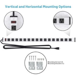 16 Outlet Power Strip, Heavy Duty Metal Power Strip with 10FT Extension Cord, Wall Mount Power Strip for Garage Workshop Warehouse Factory, ETL Certified, Silver