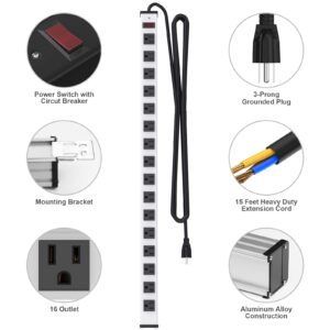 16 Outlet Power Strip, Heavy Duty Metal Power Strip with 10FT Extension Cord, Wall Mount Power Strip for Garage Workshop Warehouse Factory, ETL Certified, Silver