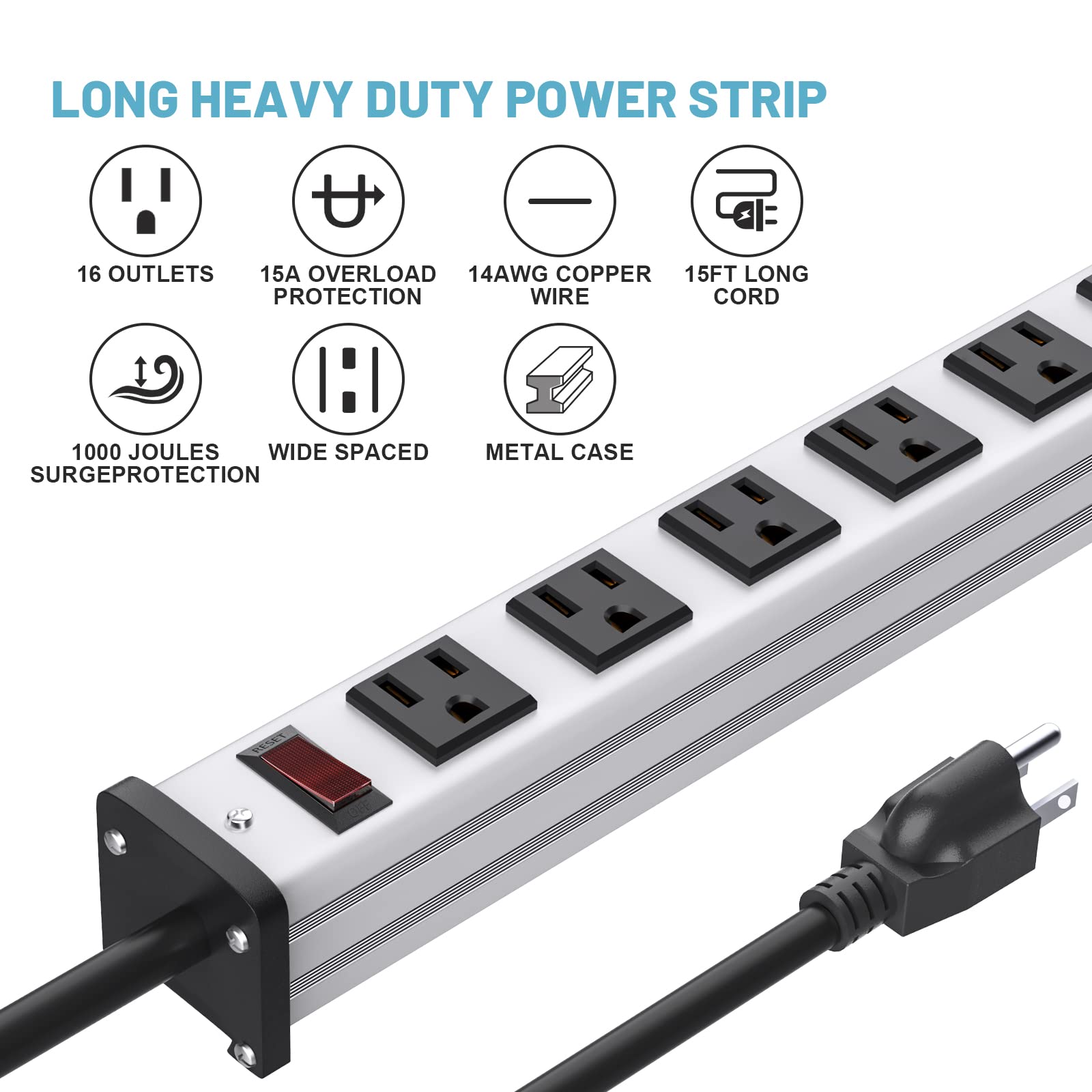 16 Outlet Power Strip, Heavy Duty Metal Power Strip with 10FT Extension Cord, Wall Mount Power Strip for Garage Workshop Warehouse Factory, ETL Certified, Silver