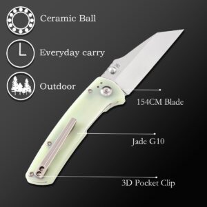 KANSEPT Mian Street Folding Pocket Knife 7.92in Folding Pocket Knives with 3.36in Stonewashed 154CM Material and Jade G10 Handle for Outdoor, Tactical, Survival T1015B1