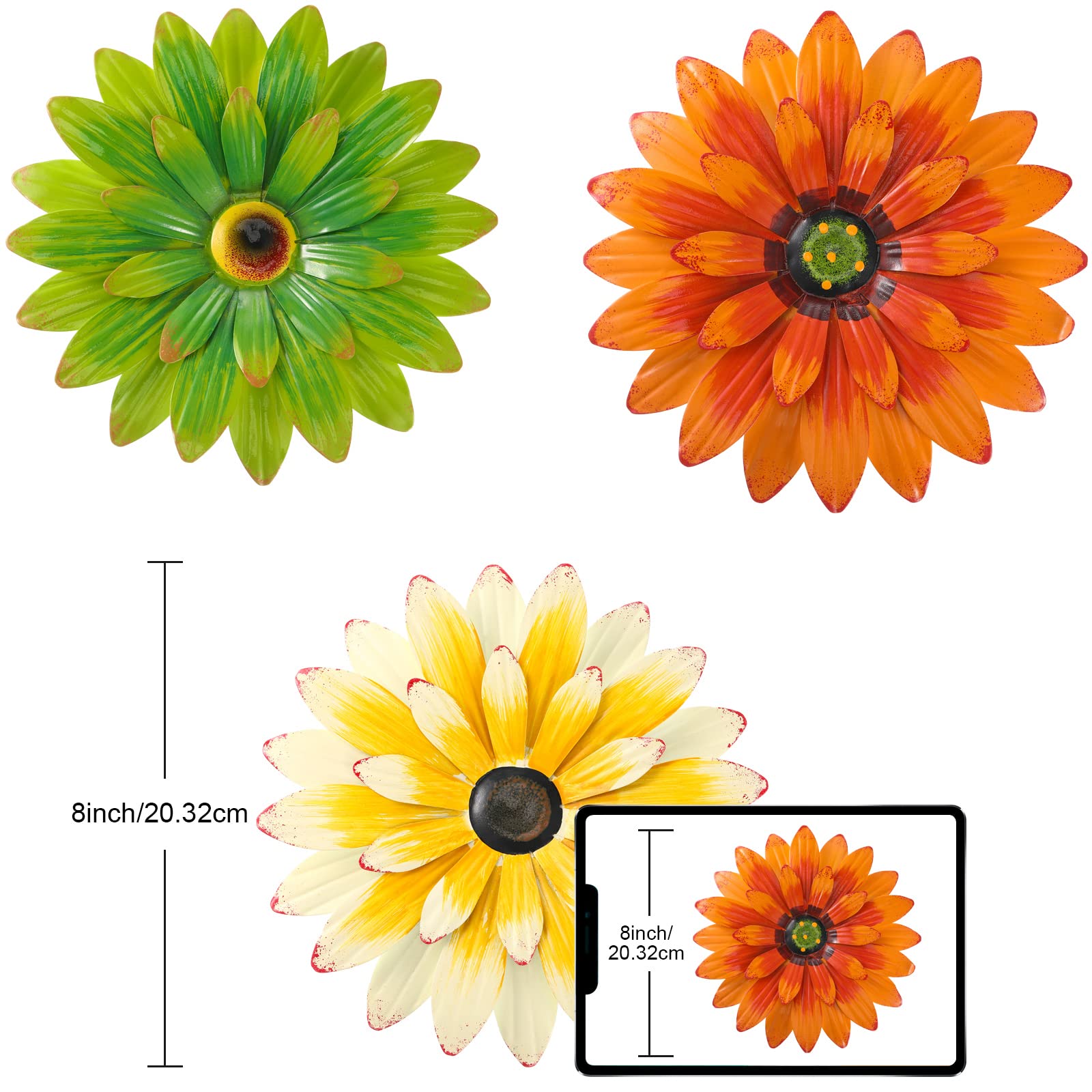 Hotop 3 Pieces Metal Flower Wall Art 3D Daisy Decor Multiple Layer Hanging Rustic Farmhouse Boho Style Decorations for Indoor Outdoor Home Living Room Office Garden (8 inches)