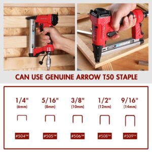 Arrow Pneumatic Staple Gun, Oil-Free Upholstery Stapler with 3750 Pieces T50 1/4", 3/8", 1/2" Staples, Adjustable Exhaust, for Woodworking, Professional and DIY Projects, PT50