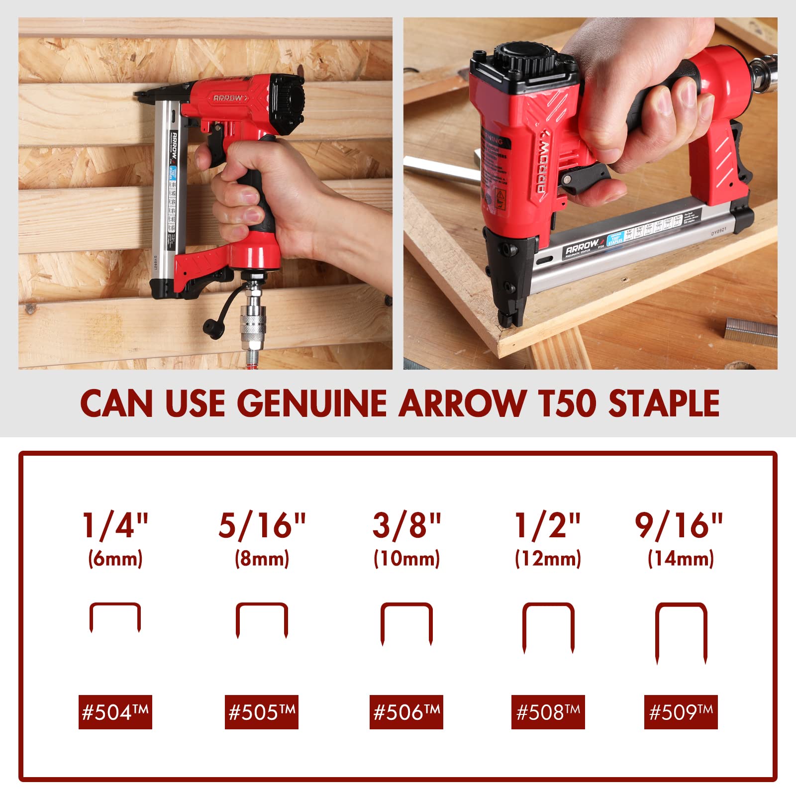 Arrow Pneumatic Staple Gun, Oil-Free Upholstery Stapler with 3750 Pieces T50 1/4", 3/8", 1/2" Staples, Adjustable Exhaust, for Woodworking, Professional and DIY Projects, PT50