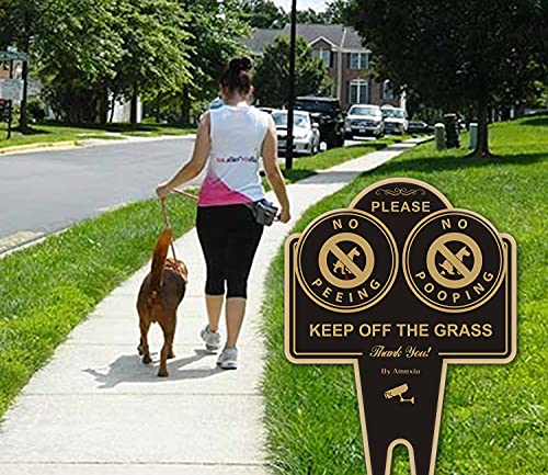 Amexiu No Pooping No Peeing Dog Sign, Keep off Grass Yard Sign Double Sided 15 x 9.5 X 0.08 Inches Rust Free Aluminum Sign, Easy Mounting Waterproof Durable Ink Black Gold Color, 1 Pack