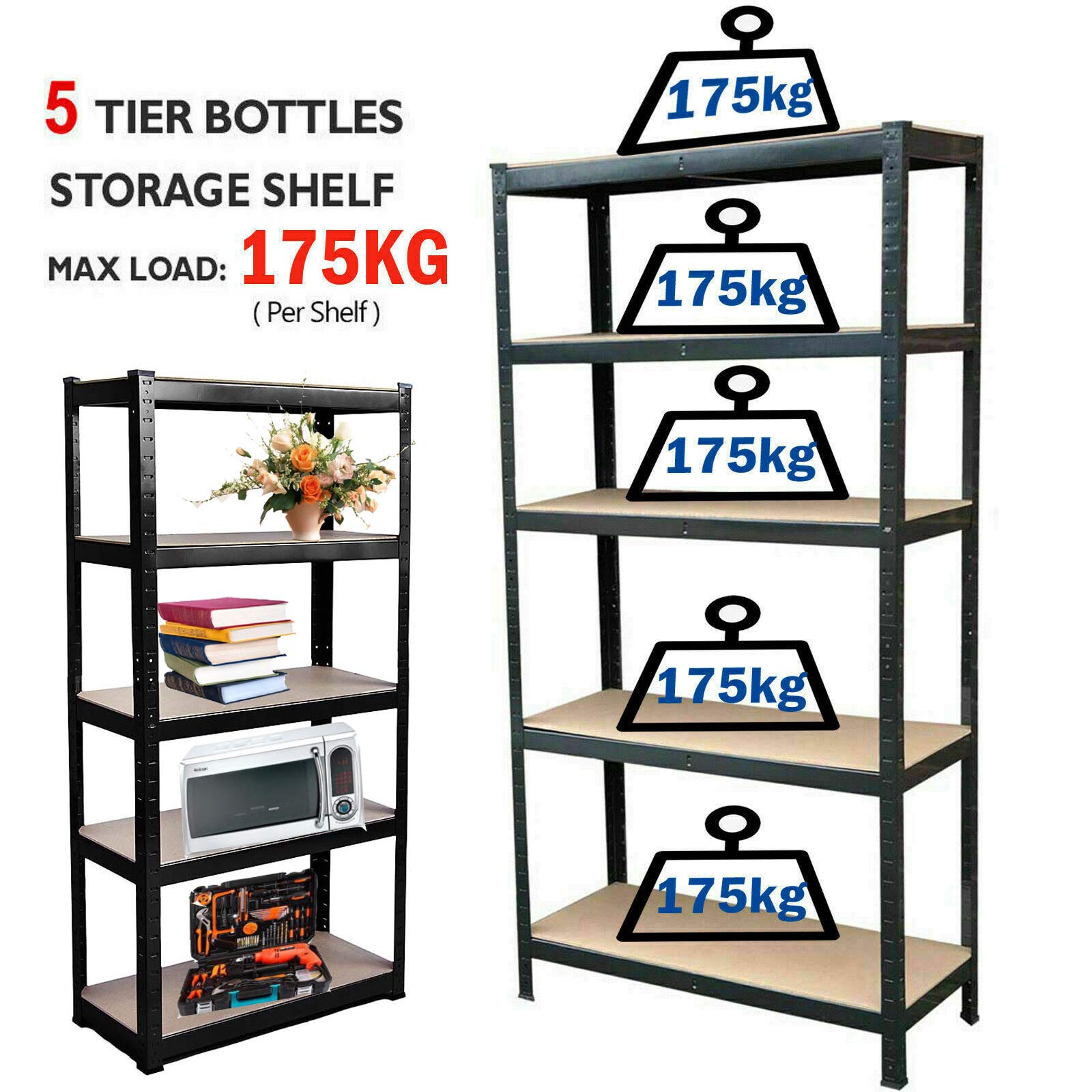 Jupitor Shelving Units for Storage Garage Bathroom 5 Tier Storage Garage Racking Shelves Heavy Duty 175KG Per Shelf 875KG Capacity, for Warehouse Shed Office Workshop Black - 150cm x 75cm x 30cm