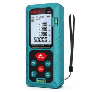 laser distance measure 165 feet with 2 bubble levels,m/in/ft unit switching backlit lcd,99 sets data storage and pythagorean mode, measure distance, area and volume kiprim ld50